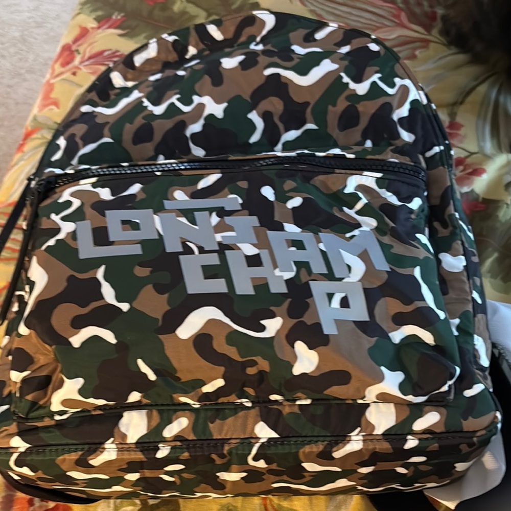 Longchamp Green and Brown Backpack with Camouflage Design
